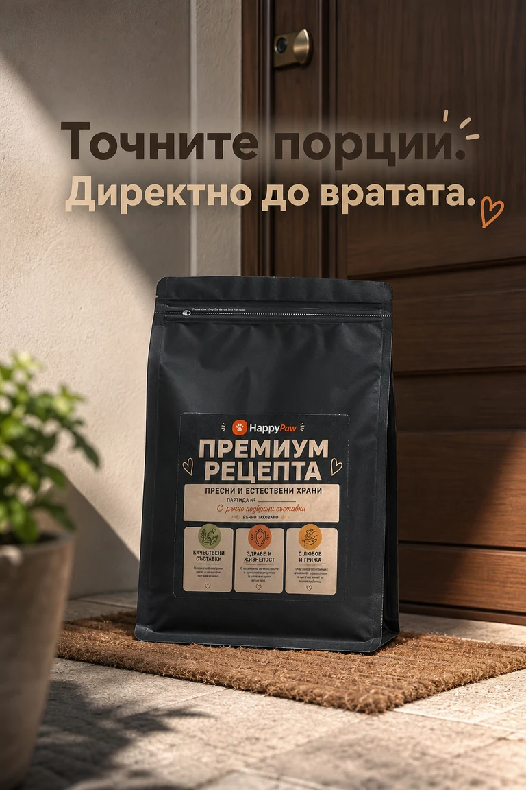 Черният пакет HappyPaw пред входната врата